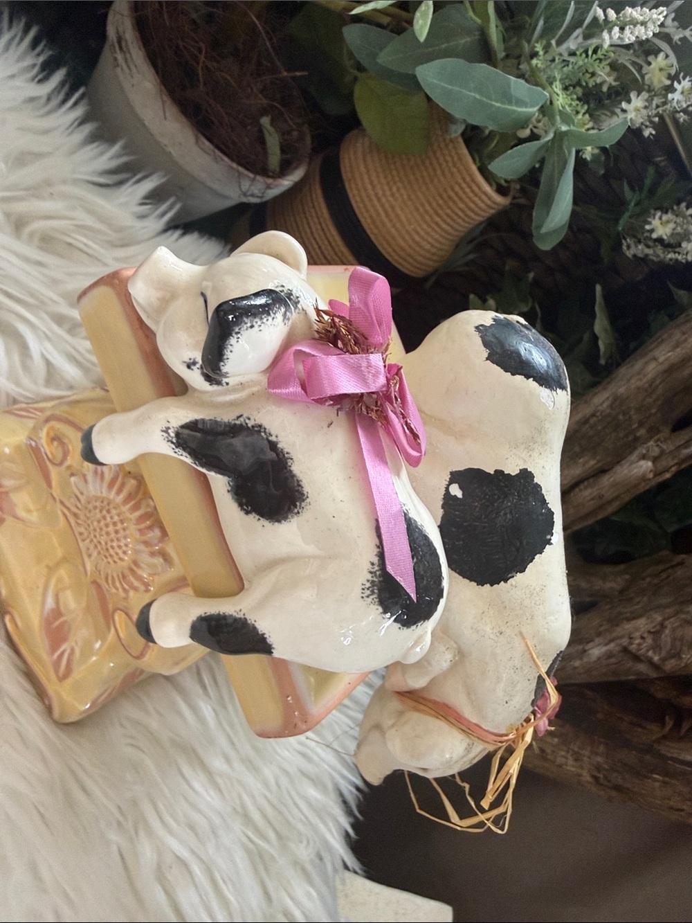 Decorative Ceramic Cow Figurine with Pink Ribbon - White and Black